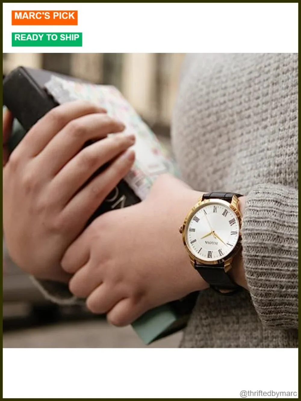 Classic 3-Hand Quartz Wrist Watch with Roman Numeral Markers, Black Leather